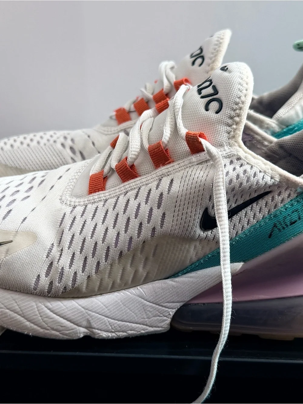 Nike White Air270 Athletic Sneakers with Orange Lace Loops and Mint Heel Tabs